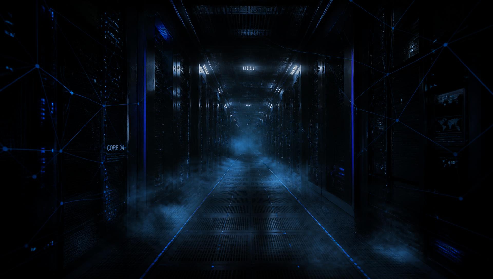 Corredor de datacenter de alta densidade com iluminação técnica azul